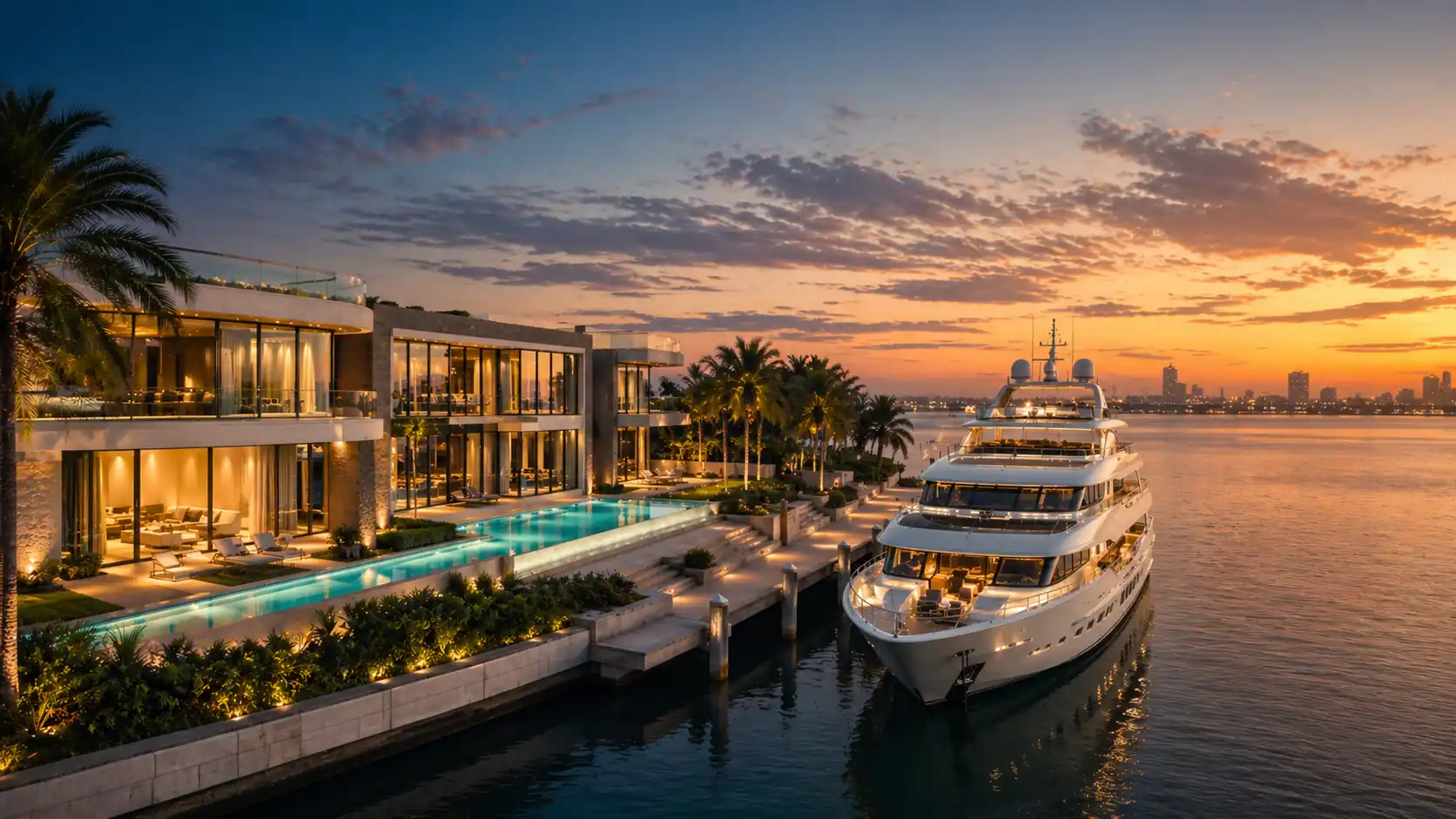 Luxury waterfront estate in South Florida at blue hour with private yacht docked on a canal — waterfront homes for sale Miami