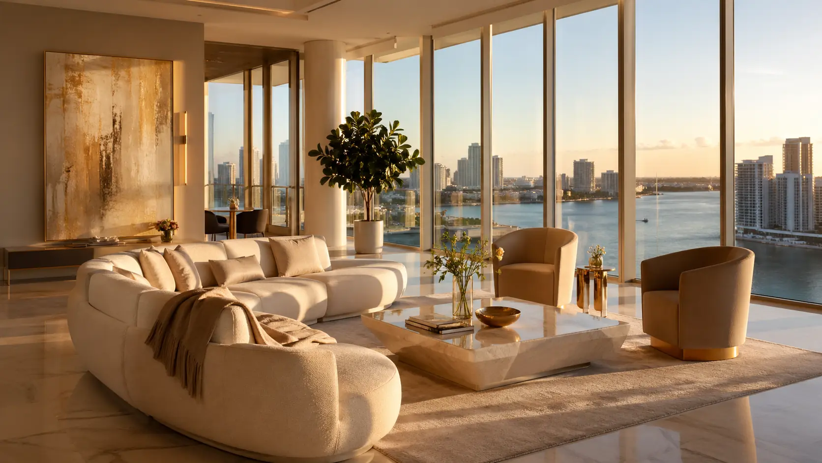 Oceanfront luxury villa in Miami with infinity pool merging into the Atlantic Ocean at golden sunset — beachfront real estate South Florida