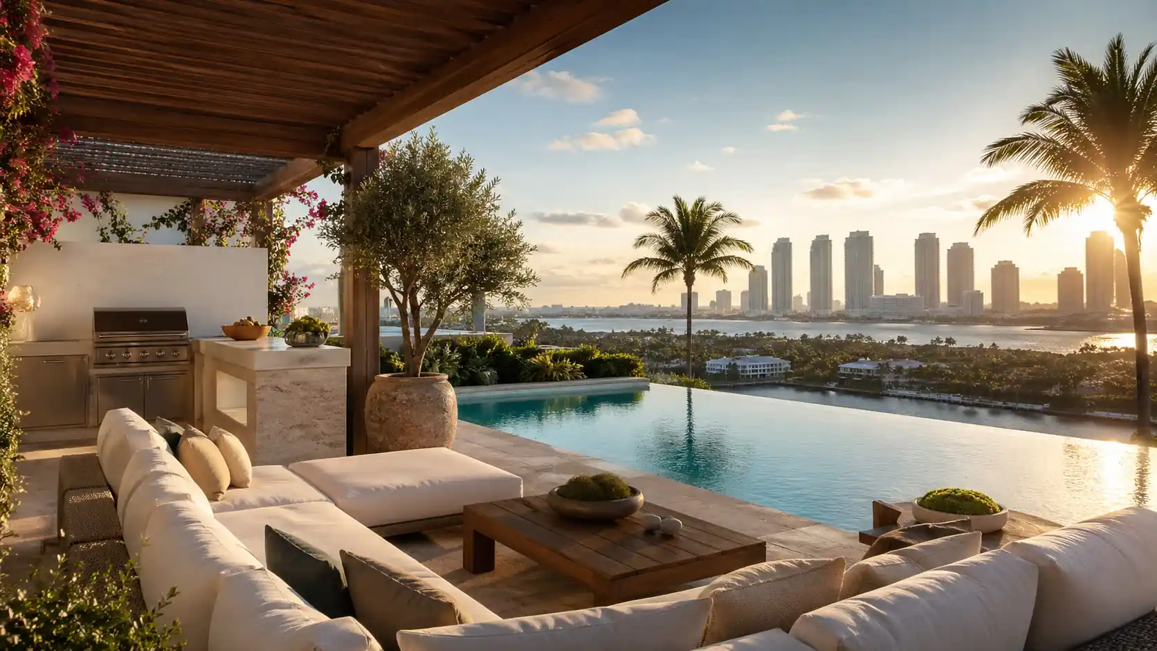 Luxury penthouse terrace with fire pit overlooking South Florida coastal city skyline at twilight — penthouse condos for sale Miami